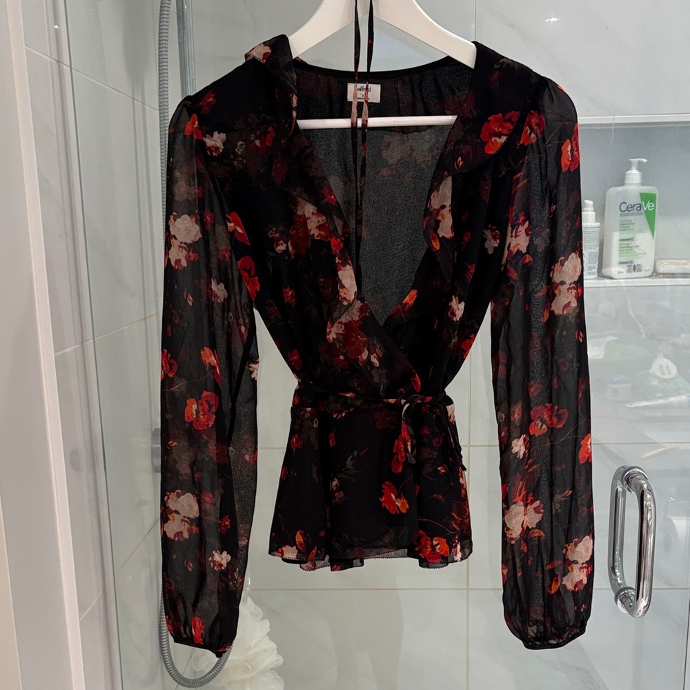 Wilfred Sheer Floral Wrap Blouse - Black and Red